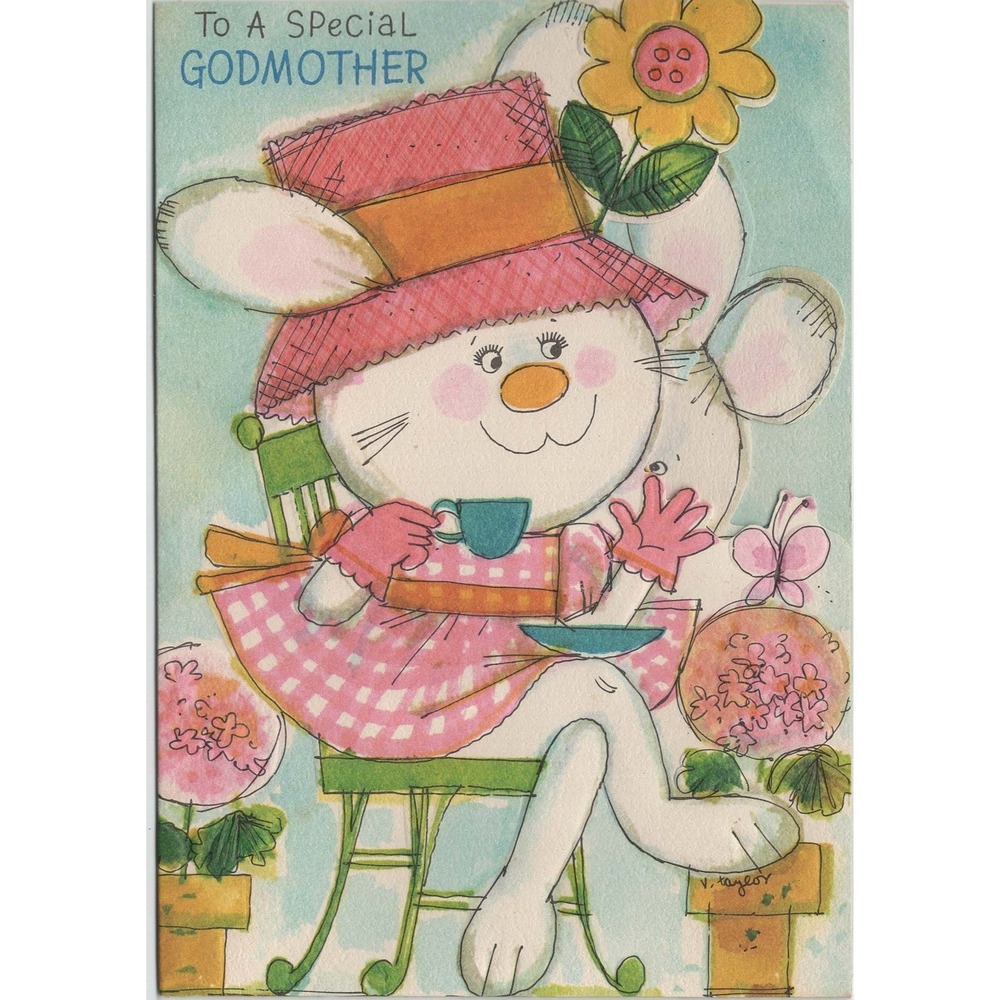 Vintage 1969 Hallmark Mother's Day Godmother Card Bunny Mouse Die Cut